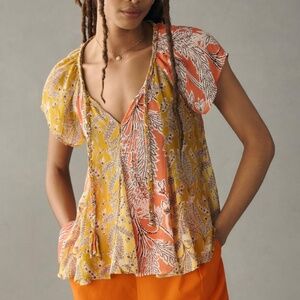 By Anthropologie Sheer Short-Sleeve Blouse SIZE M